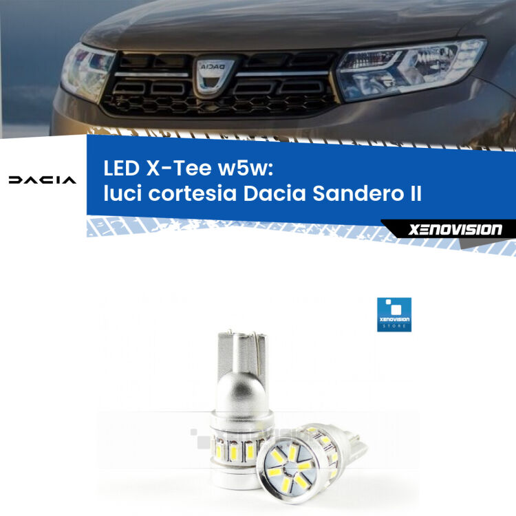 <strong>LED luci cortesia per Dacia Sandero II</strong>  2012 in poi. Lampade <strong>W5W</strong> modello X-Tee Xenovision top di gamma.