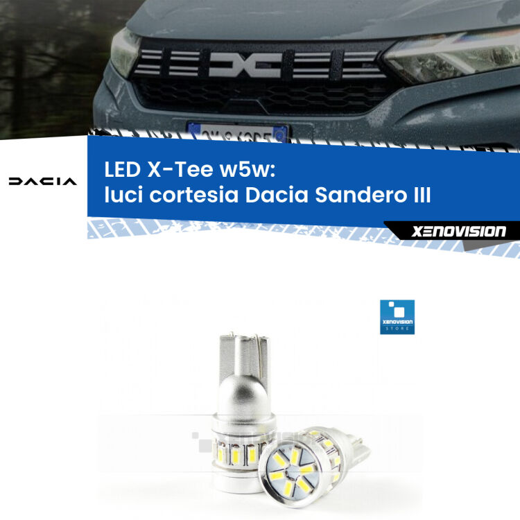 <strong>LED luci cortesia per Dacia Sandero III</strong>  2020 in poi. Lampade <strong>W5W</strong> modello X-Tee Xenovision top di gamma.