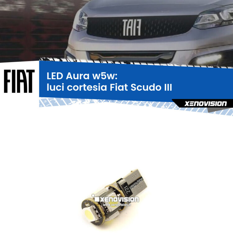 <strong>LED luci cortesia w5w per Fiat Scudo</strong> III 2022 in poi. Una lampadina <strong>w5w</strong> canbus luce bianca 6000k modello Aura Xenovision.