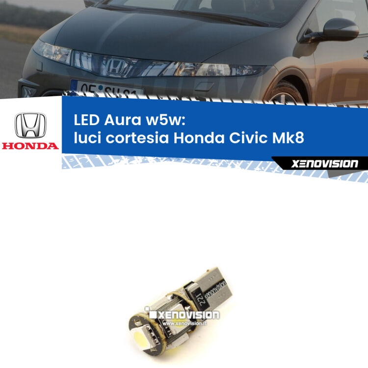 <strong>LED luci cortesia w5w per Honda Civic</strong> Mk8 laterali. Una lampadina <strong>w5w</strong> canbus luce bianca 6000k modello Aura Xenovision.