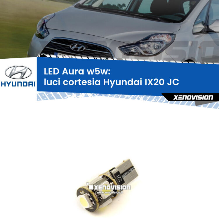 <strong>LED luci cortesia w5w per Hyundai IX20</strong> JC laterali. Una lampadina <strong>w5w</strong> canbus luce bianca 6000k modello Aura Xenovision.