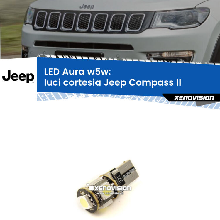 <strong>LED luci cortesia w5w per Jeep Compass</strong> II 2017 in poi. Una lampadina <strong>w5w</strong> canbus luce bianca 6000k modello Aura Xenovision.