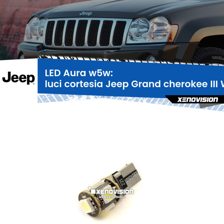 <strong>LED luci cortesia w5w per Jeep Grand cherokee III</strong> WK 2005 - 2010. Una lampadina <strong>w5w</strong> canbus luce bianca 6000k modello Aura Xenovision.