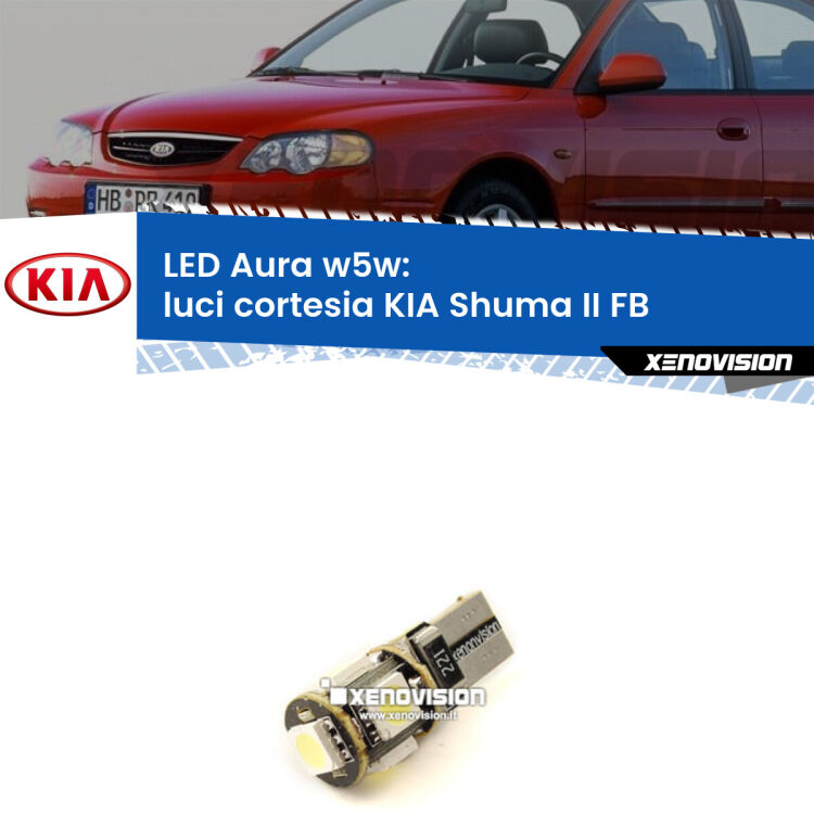 <strong>LED luci cortesia w5w per KIA Shuma II</strong> FB 2001 - 2004. Una lampadina <strong>w5w</strong> canbus luce bianca 6000k modello Aura Xenovision.