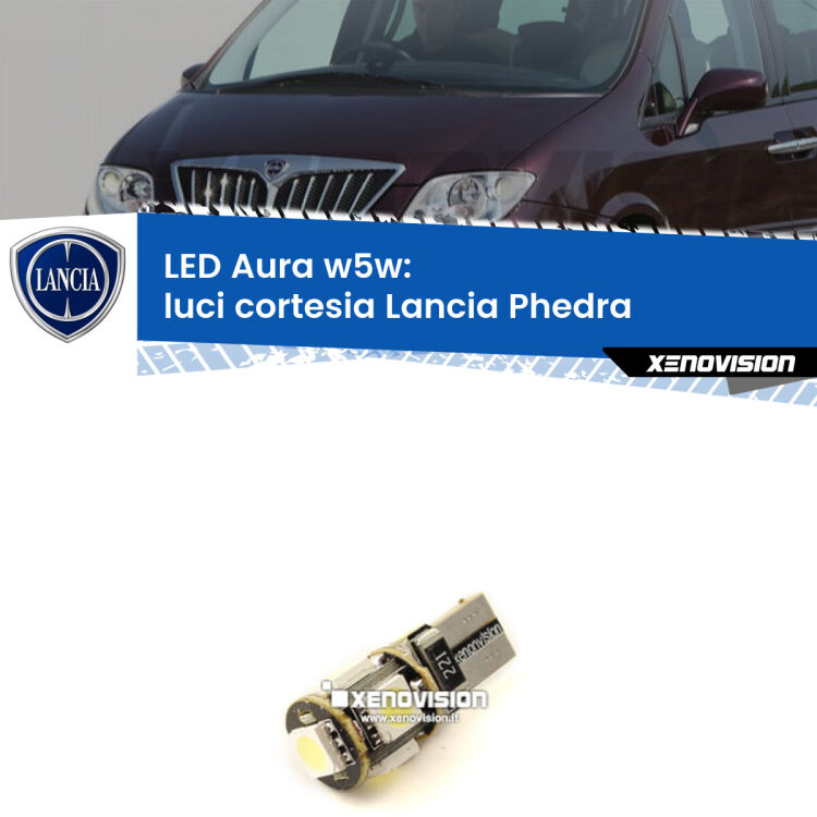 <strong>LED luci cortesia w5w per Lancia Phedra</strong>  2002 - 2010. Una lampadina <strong>w5w</strong> canbus luce bianca 6000k modello Aura Xenovision.