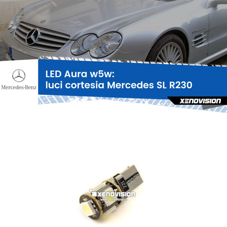 <strong>LED luci cortesia w5w per Mercedes SL</strong> R230 2001 - 2012. Una lampadina <strong>w5w</strong> canbus luce bianca 6000k modello Aura Xenovision.