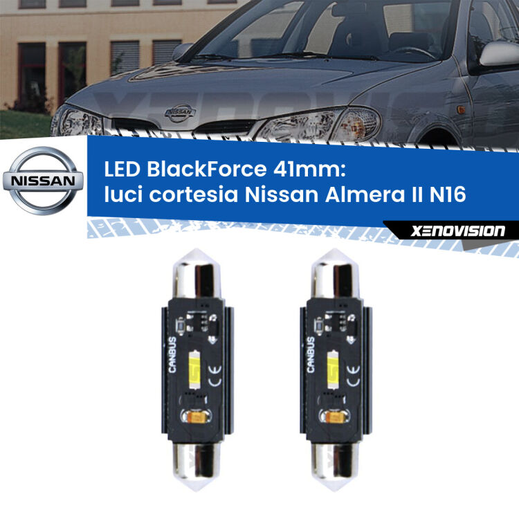 <strong>Luci Cortesia LED per Nissan Almera II</strong> N16 2000 - 2002. Coppia lampade <strong>C5W</strong> 41mm modello BlackForce canbus.