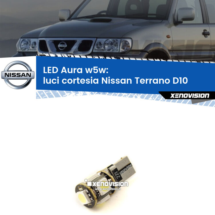 <strong>LED luci cortesia w5w per Nissan Terrano</strong> D10 2013 in poi. Una lampadina <strong>w5w</strong> canbus luce bianca 6000k modello Aura Xenovision.