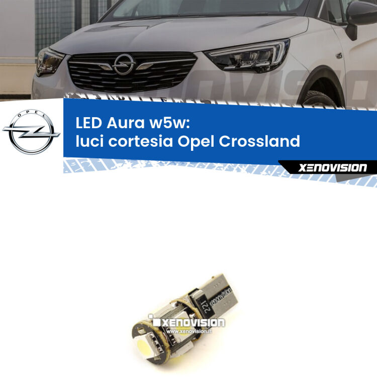 <strong>LED luci cortesia w5w per Opel Crossland</strong>  2017 in poi. Una lampadina <strong>w5w</strong> canbus luce bianca 6000k modello Aura Xenovision.