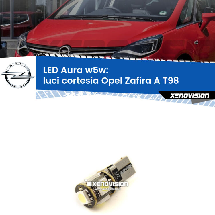 <strong>LED luci cortesia w5w per Opel Zafira A</strong> T98 1999 - 2005. Una lampadina <strong>w5w</strong> canbus luce bianca 6000k modello Aura Xenovision.