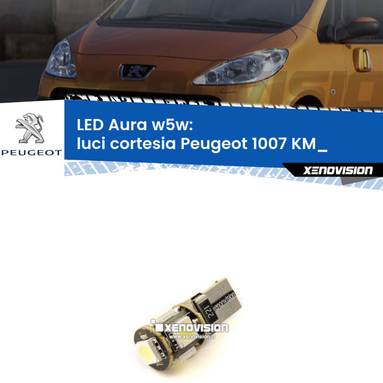 <strong>LED luci cortesia w5w per Peugeot 1007</strong> KM_ 2005 - 2009. Una lampadina <strong>w5w</strong> canbus luce bianca 6000k modello Aura Xenovision.