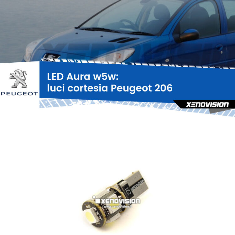 <strong>LED luci cortesia w5w per Peugeot 206</strong>  1998 - 2009. Una lampadina <strong>w5w</strong> canbus luce bianca 6000k modello Aura Xenovision.