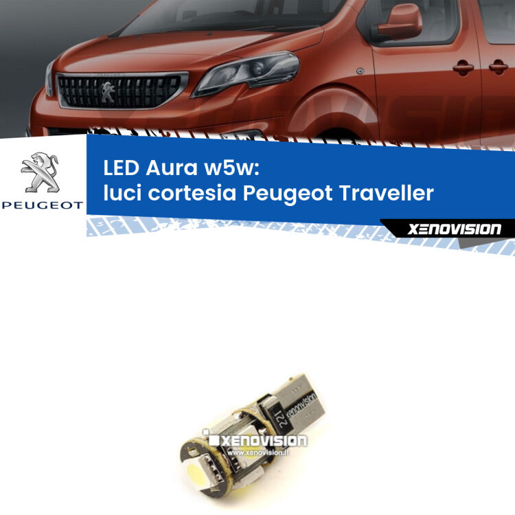 <strong>LED luci cortesia w5w per Peugeot Traveller</strong>  2016 in poi. Una lampadina <strong>w5w</strong> canbus luce bianca 6000k modello Aura Xenovision.