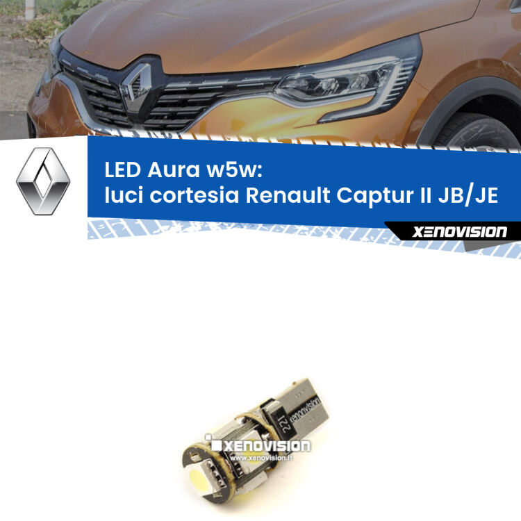 <strong>LED luci cortesia w5w per Renault Captur II</strong> JB/JE in poi. Una lampadina <strong>w5w</strong> canbus luce bianca 6000k modello Aura Xenovision.