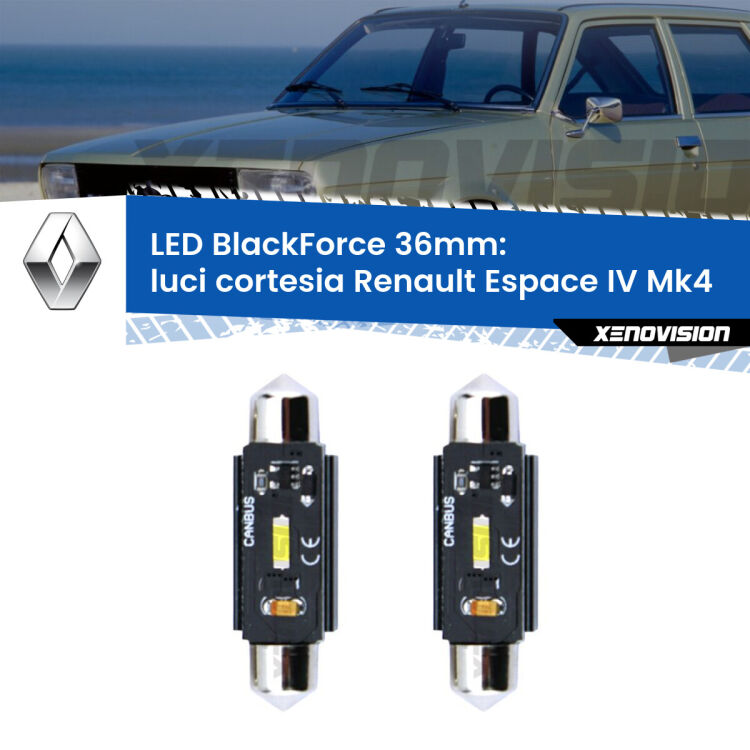 <strong>Luci Cortesia LED per Renault Espace IV</strong> Mk4 2002 - 2006. Coppia lampade <strong>C5W</strong> 36mm modello BlackForce canbus.