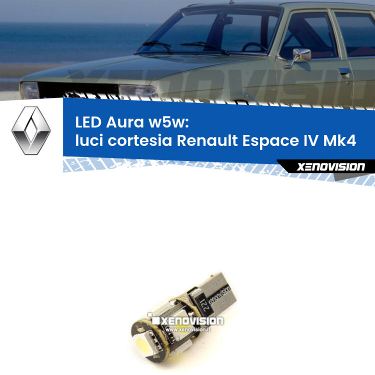 <strong>LED luci cortesia w5w per Renault Espace IV</strong> Mk4 2006 - 2015. Una lampadina <strong>w5w</strong> canbus luce bianca 6000k modello Aura Xenovision.