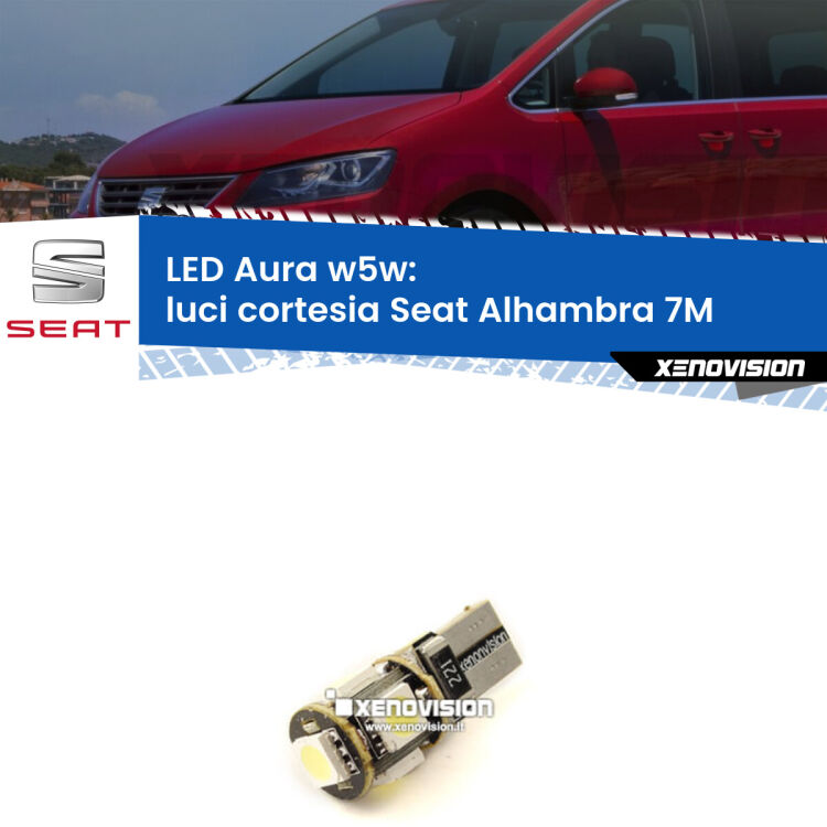 <strong>LED luci cortesia w5w per Seat Alhambra</strong> 7M posteriori. Una lampadina <strong>w5w</strong> canbus luce bianca 6000k modello Aura Xenovision.