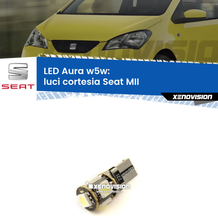 <strong>LED luci cortesia w5w per Seat MII</strong>  col tettino. Una lampadina <strong>w5w</strong> canbus luce bianca 6000k modello Aura Xenovision.