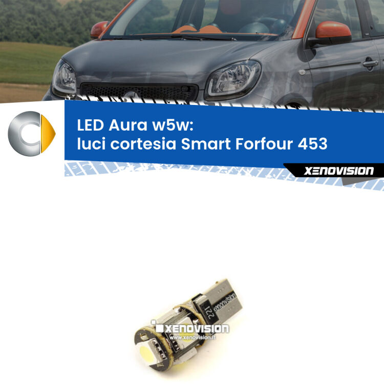 <strong>LED luci cortesia w5w per Smart Forfour</strong> 453 2014 in poi. Una lampadina <strong>w5w</strong> canbus luce bianca 6000k modello Aura Xenovision.