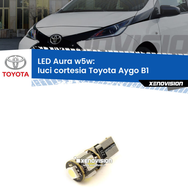 <strong>LED luci cortesia w5w per Toyota Aygo</strong> B1 2005 - 2014. Una lampadina <strong>w5w</strong> canbus luce bianca 6000k modello Aura Xenovision.