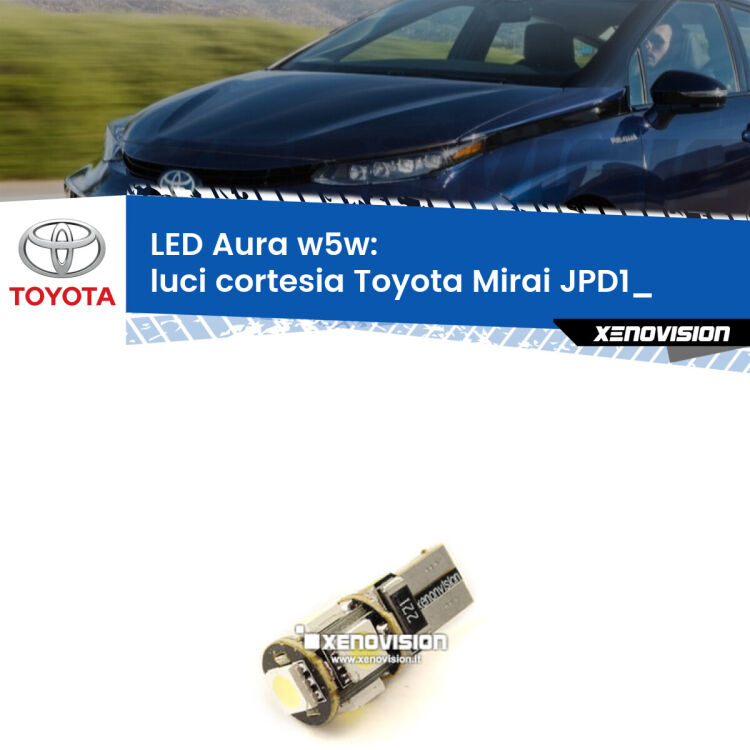 <strong>LED luci cortesia w5w per Toyota Mirai</strong> JPD1_ anteriori. Una lampadina <strong>w5w</strong> canbus luce bianca 6000k modello Aura Xenovision.