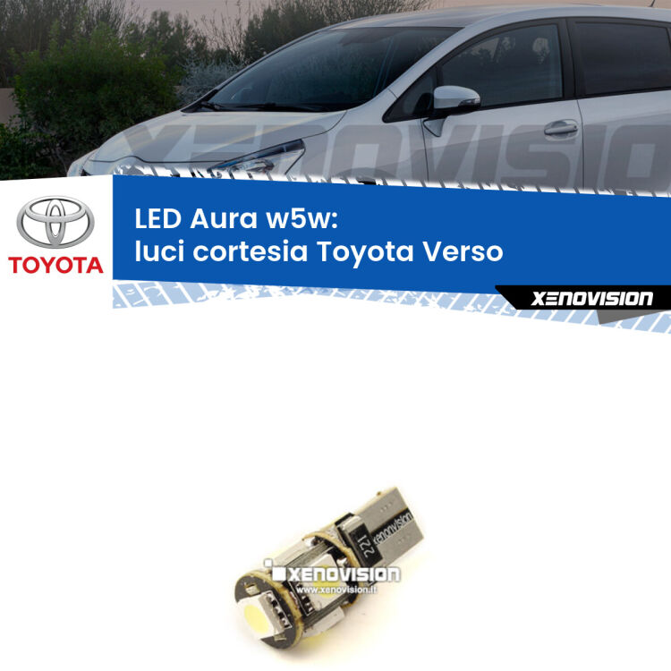 <strong>LED luci cortesia w5w per Toyota Verso</strong>  2009 - 2018. Una lampadina <strong>w5w</strong> canbus luce bianca 6000k modello Aura Xenovision.