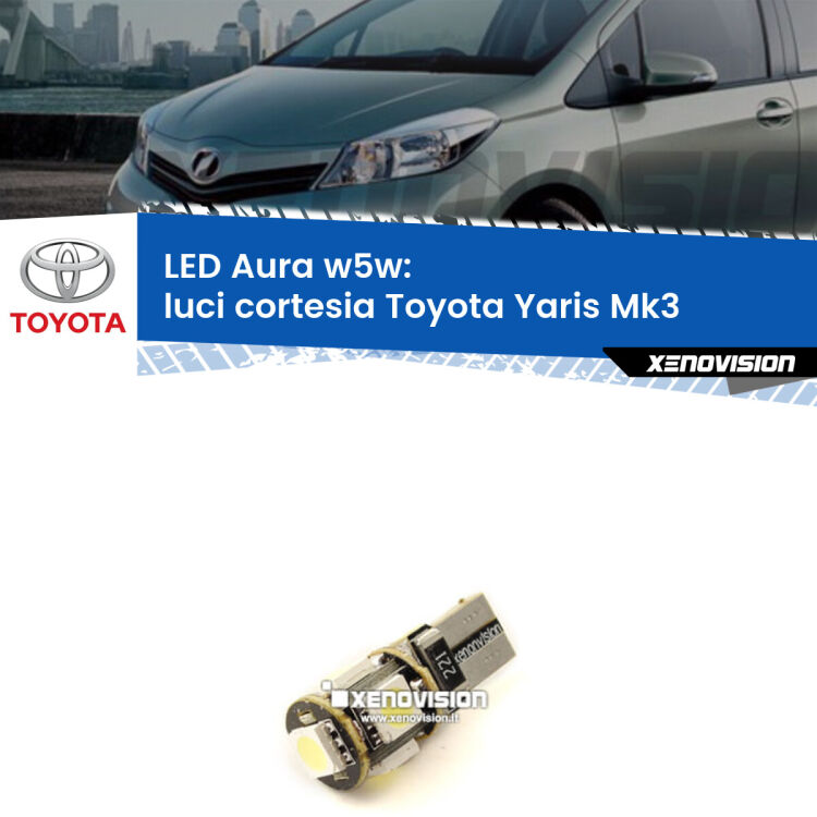 <strong>LED luci cortesia w5w per Toyota Yaris</strong> Mk3 2010 - 2019. Una lampadina <strong>w5w</strong> canbus luce bianca 6000k modello Aura Xenovision.