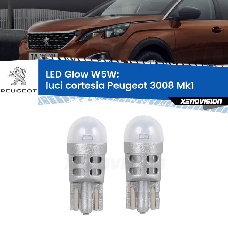 <strong>Luci Cortesia LED luce calda per Peugeot 3008</strong> Mk1 2008 - 2015. Coppia lampade <strong>W5W</strong> modello Glow di Xenovision.