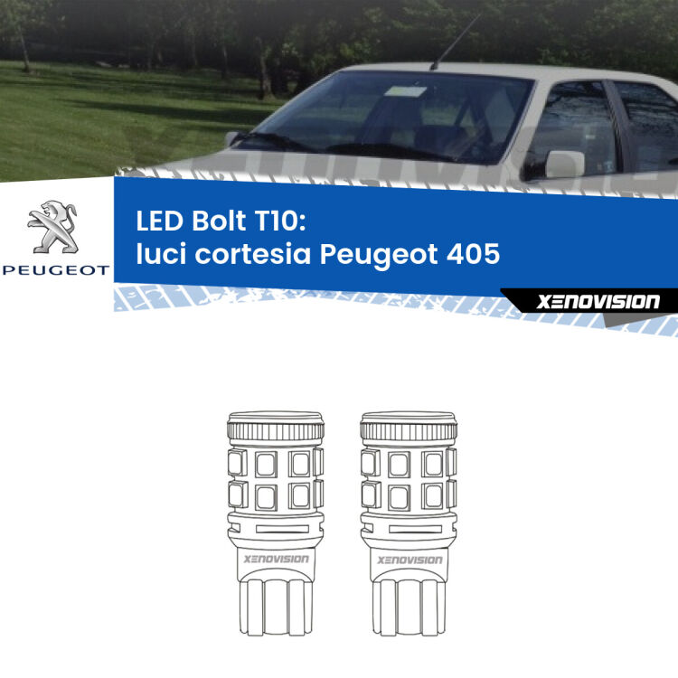 <strong>Luci Cortesia LED per Peugeot 405</strong>  1987 - 1997. Coppia lampade <strong>T10</strong> modello Bolt canbus.