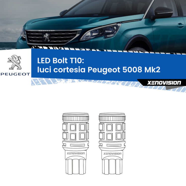 <strong>Luci Cortesia LED per Peugeot 5008</strong> Mk2 2017 in poi. Coppia lampade <strong>T10</strong> modello Bolt canbus.