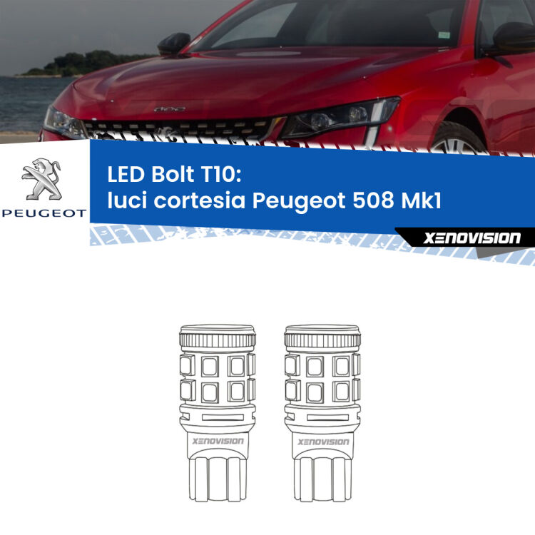 <strong>Luci Cortesia LED per Peugeot 508</strong> Mk1 2010 - 2017. Coppia lampade <strong>T10</strong> modello Bolt canbus.