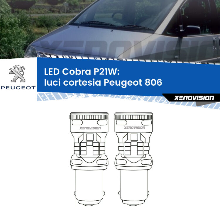 <strong>Luci Cortesia LED no-spie per Peugeot 806</strong>  anteriori. Coppia lampade <strong>P21W</strong> modello Cobra super-canbus, raffreddate a ventola.