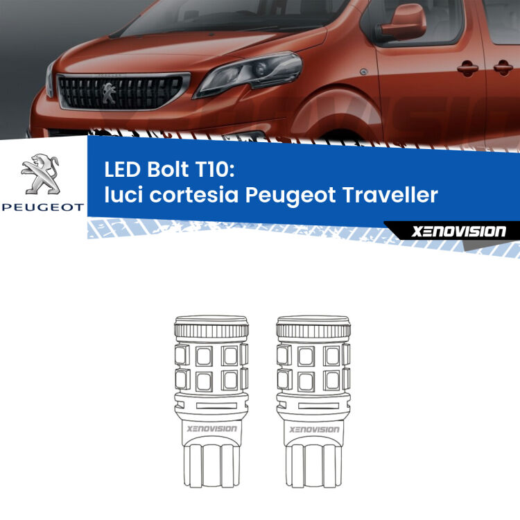 <strong>Luci Cortesia LED per Peugeot Traveller</strong>  2016 in poi. Coppia lampade <strong>T10</strong> modello Bolt canbus.