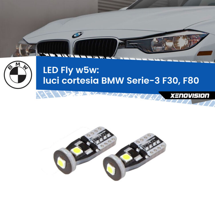 <strong>luci cortesia LED per BMW Serie-3</strong> F30, F80 posteriori. Coppia lampadine <strong>w5w</strong> Canbus compatte modello Fly Xenovision.