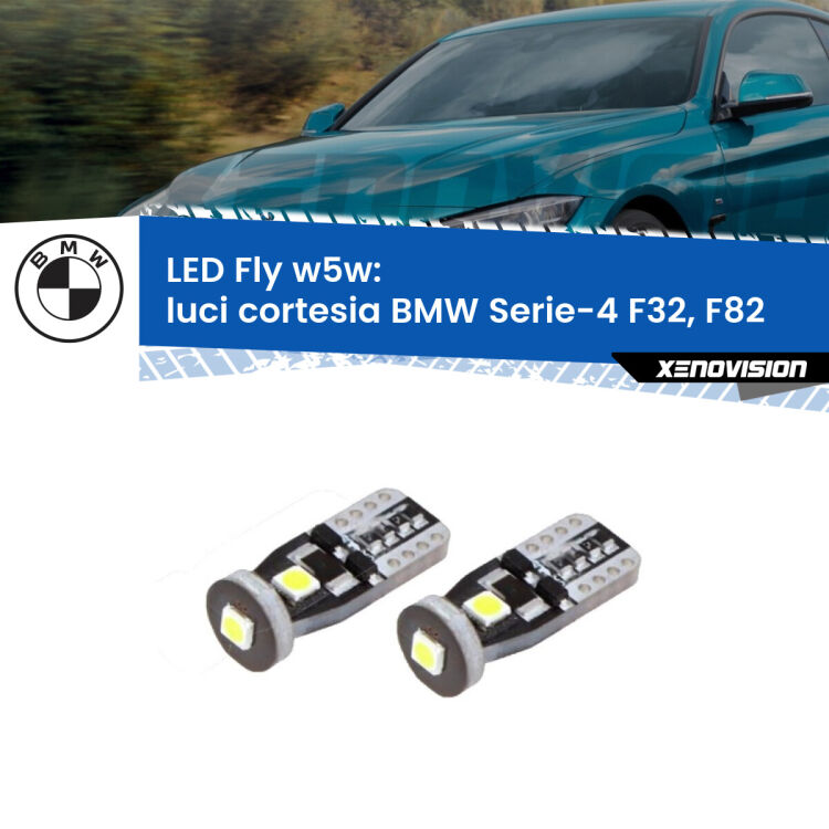 <strong>luci cortesia LED per BMW Serie-4</strong> F32, F82 posteriori. Coppia lampadine <strong>w5w</strong> Canbus compatte modello Fly Xenovision.