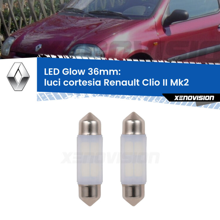 <strong>Luci Cortesia LED luce calda per Renault Clio II</strong> Mk2 1998 - 2004. Coppia lampade <strong>C5W</strong> 36mm modello Glow di Xenovision.