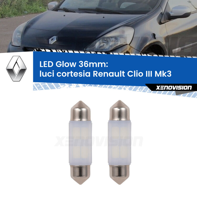 <strong>Luci Cortesia LED luce calda per Renault Clio III</strong>  2005 - 2011. Coppia lampade <strong>C5W</strong> 36mm modello Glow di Xenovision.