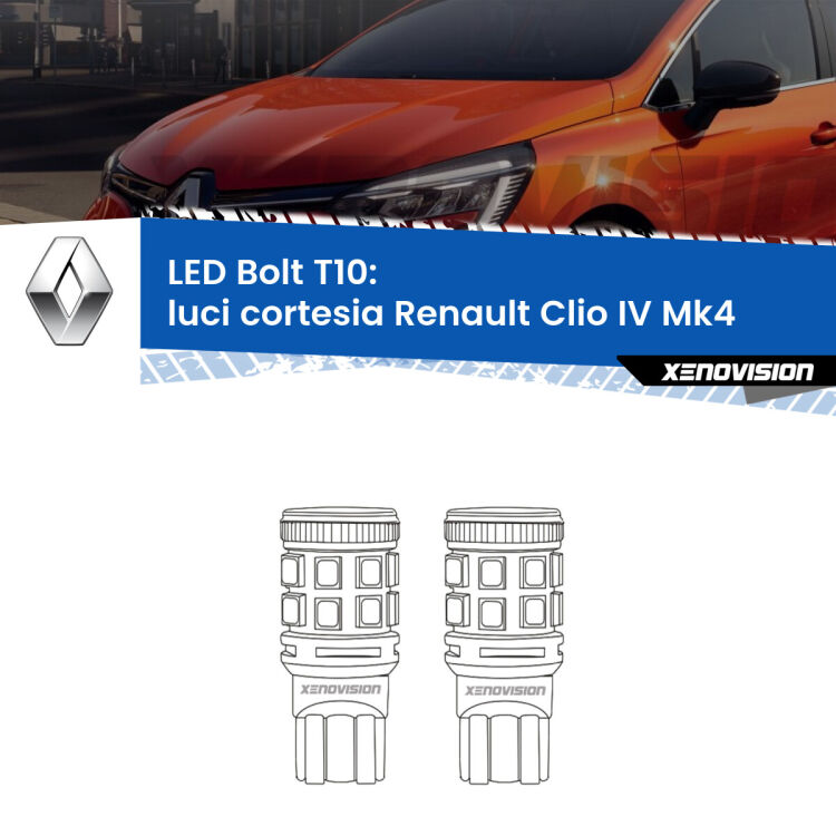 <strong>Luci Cortesia LED per Renault Clio IV</strong> Mk4 2012 - 2018. Coppia lampade <strong>T10</strong> modello Bolt canbus.