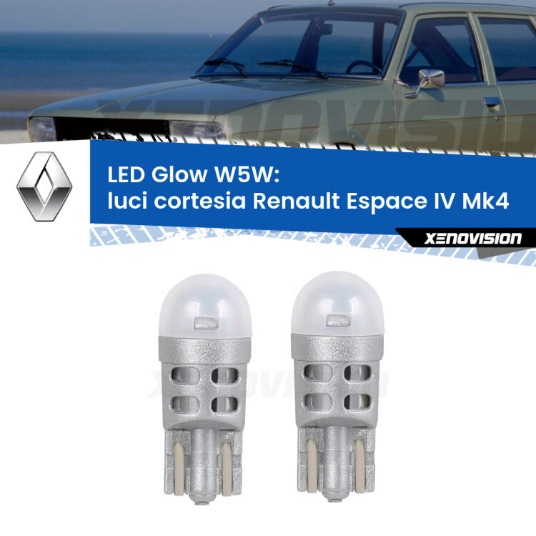 <strong>Luci Cortesia LED luce calda per Renault Espace IV</strong> Mk4 2006 - 2015. Coppia lampade <strong>W5W</strong> modello Glow di Xenovision.