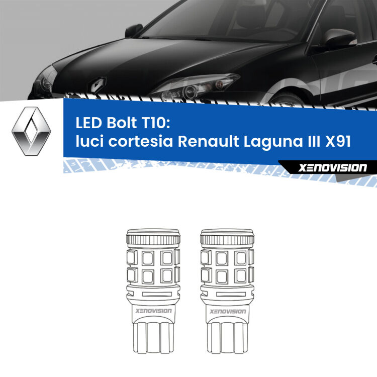 <strong>Luci Cortesia LED per Renault Laguna III</strong> X91 2007 - 2015. Coppia lampade <strong>T10</strong> modello Bolt canbus.