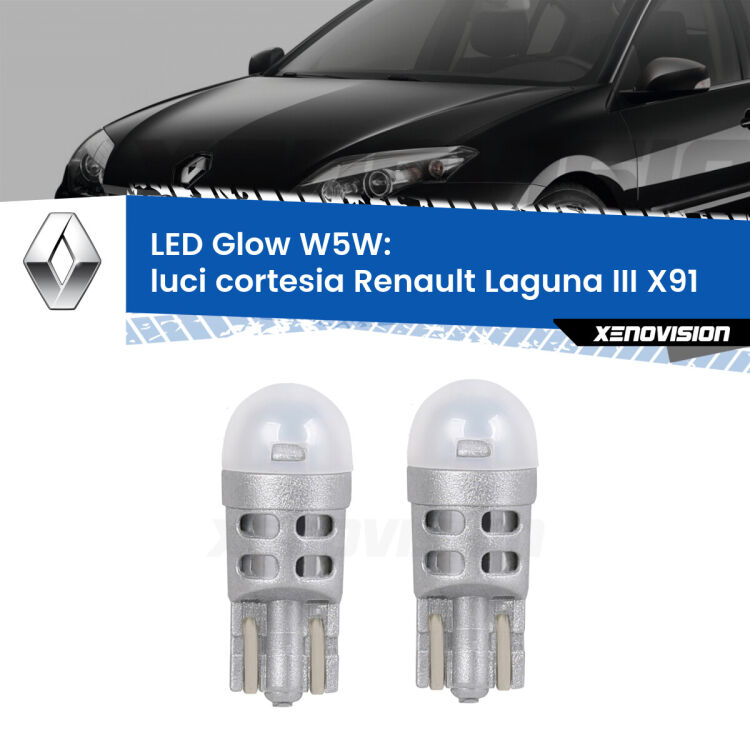 <strong>Luci Cortesia LED luce calda per Renault Laguna III</strong> X91 2007 - 2015. Coppia lampade <strong>W5W</strong> modello Glow di Xenovision.