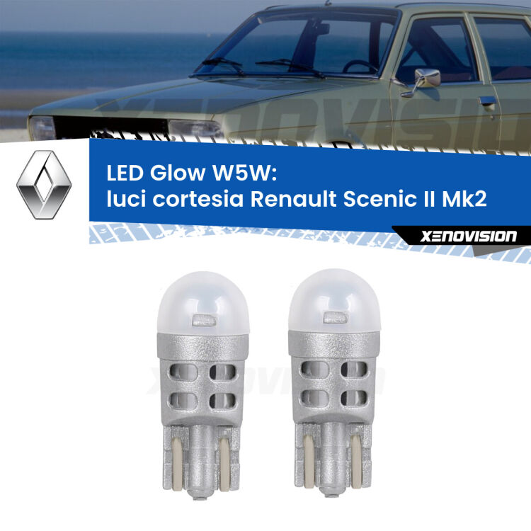 <strong>Luci Cortesia LED luce calda per Renault Scenic II</strong> Mk2 2003 - 2008. Coppia lampade <strong>W5W</strong> modello Glow di Xenovision.