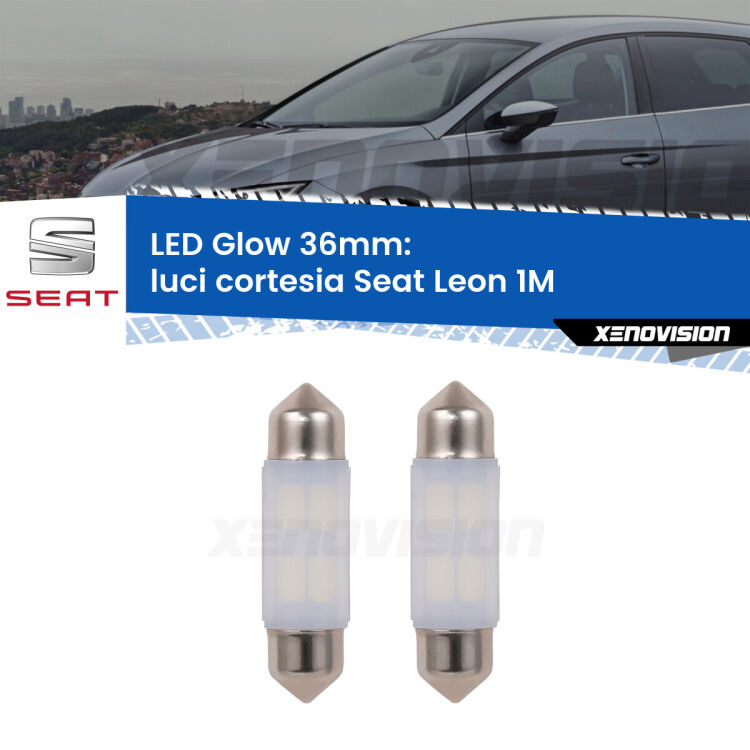 <strong>Luci Cortesia LED luce calda per Seat Leon</strong> 1M senza tettino. Coppia lampade <strong>C5W</strong> 36mm modello Glow di Xenovision.