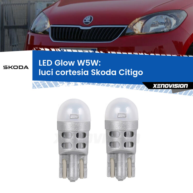 <strong>Luci Cortesia LED luce calda per Skoda Citigo</strong>  con tettuccio. Coppia lampade <strong>W5W</strong> modello Glow di Xenovision.