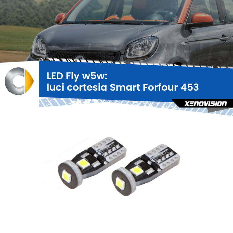 <strong>luci cortesia LED per Smart Forfour</strong> 453 2014 in poi. Coppia lampadine <strong>w5w</strong> Canbus compatte modello Fly Xenovision.