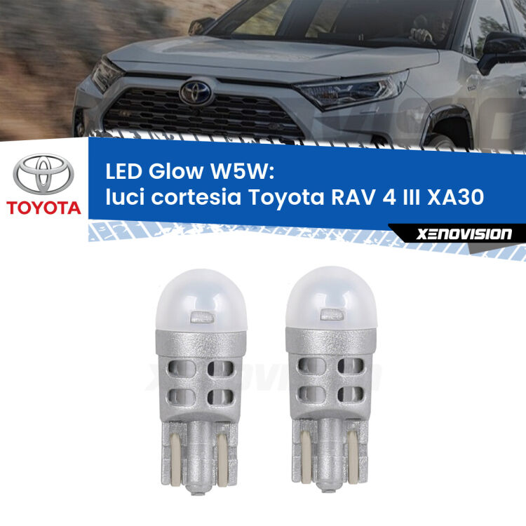 <strong>Luci Cortesia LED luce calda per Toyota RAV 4 III</strong> XA30 anteriori. Coppia lampade <strong>W5W</strong> modello Glow di Xenovision.