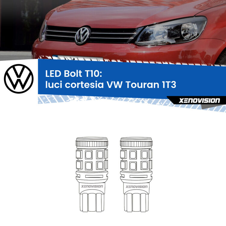 <strong>Luci Cortesia LED per VW Touran</strong> 1T3 2010 - 2015. Coppia lampade <strong>T10</strong> modello Bolt canbus.