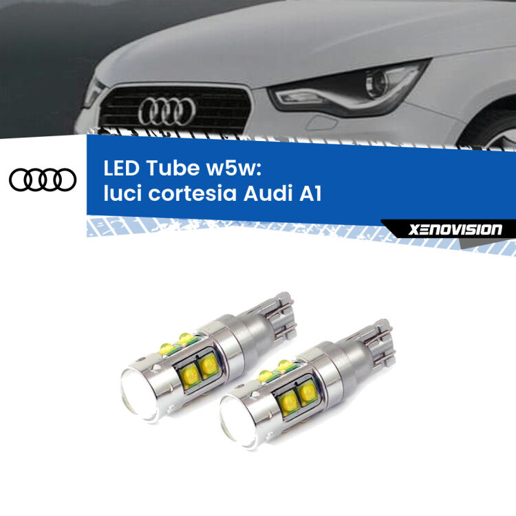 <strong>Luci Cortesia LED 6000k per Audi A1</strong>  2010 - 2018. Lampadine <strong>W5W</strong> canbus modello Tube, luce bianco lunare, lunga durata e compatibilità.