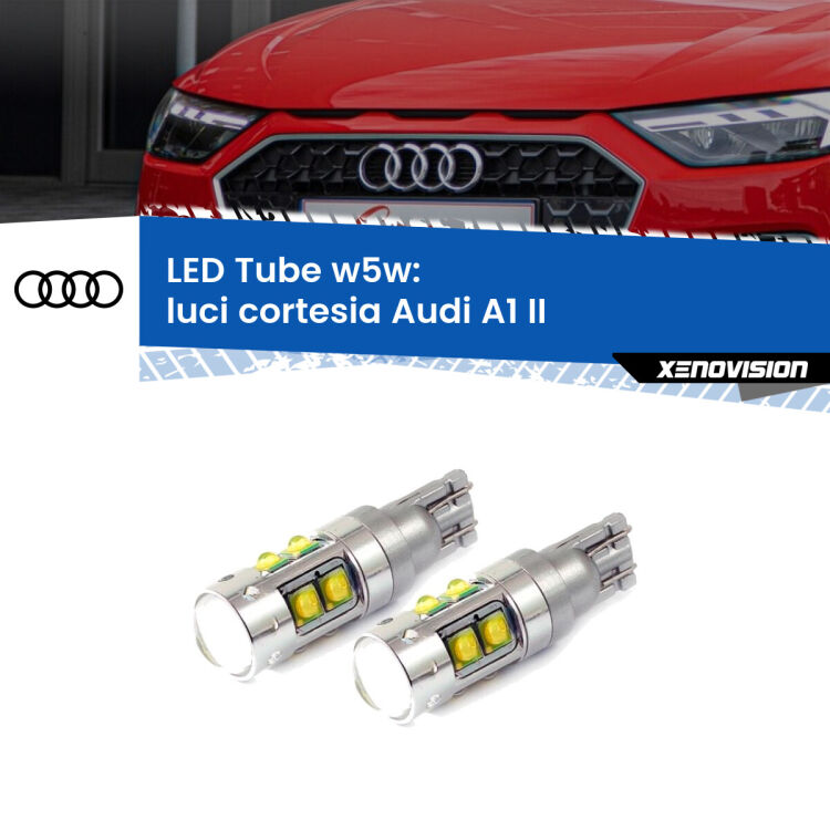 <strong>Luci Cortesia LED 6000k per Audi A1</strong> II 2019 in poi. Lampadine <strong>W5W</strong> canbus modello Tube, luce bianco lunare, lunga durata e compatibilità.