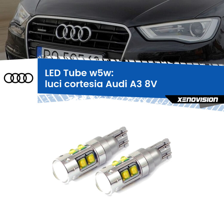 <strong>Luci Cortesia LED 6000k per Audi A3</strong> 8V 2013 - 2020. Lampadine <strong>W5W</strong> canbus modello Tube, luce bianco lunare, lunga durata e compatibilità.